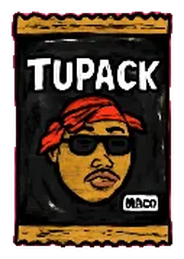 A sealed TUpack wrapper with crimped gold edges and a face in a red bandana and sunglasses