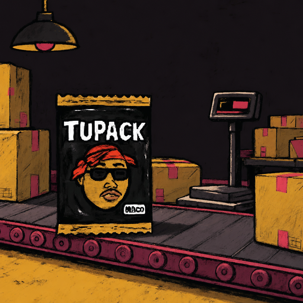 The TUpack sitting on a conveyor belt in a dim warehouse beside boxes and a scale